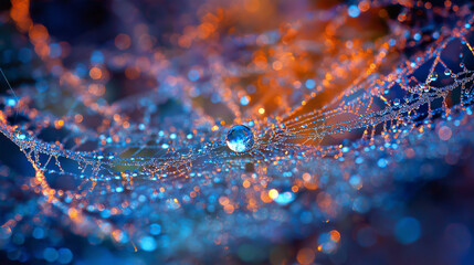 Wall Mural - Water Droplet on Spiderweb with Blue and Orange Hues
