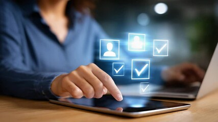 A person using a tablet to select options for a business application.