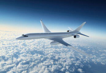 Poster - Modern passenger airplane soaring above a blanket of fluffy white clouds under a vibrant blue sky, showcasing sleek design and advanced aviation technology. : Generative AI
