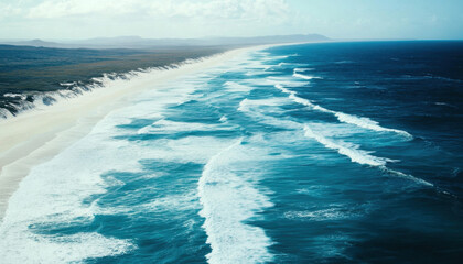Poster - Aerial view of a pristine beach with turquoise ocean waves rolling onto the shore, showcasing a dramatic coastline and sandy dunes. : Generative AI