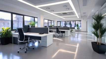Leinwandbilder - Modern, bright office space with sleek white desks, ergonomic chairs, and large windows offering a city view.  Plants add a touch of nature to the contemporary workspace. : Generative AI