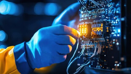 Poster - Technician with Gloved Hand Working on Printed Circuit Board in a High-Tech Laboratory Environment 4k video footage
