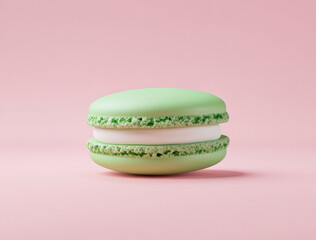 Aufkleber - A single, pastel green macaron with white cream filling sits on a pink background, showcasing its delicate texture and vibrant color.  The image is perfect for food blogs, bakery websi : Generative AI