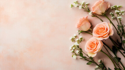 Poster - Peach roses and gypsophila blossoms arranged on a blush pink textured background, creating a delicate and romantic floral composition. : Generative AI