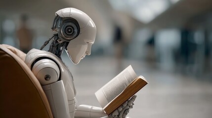 Aufkleber - A robot sits comfortably in a modern indoor environment, focused intently on reading a book. This unique sight illustrates the merging of technology with the love of literature and learning