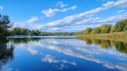 Leinwandbilder - Serene lake reflecting a vibrant autumn sky, surrounded by lush green and yellow trees, a picturesque landscape. : Generative AI
