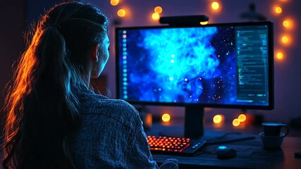 Woman coding on a desktop in a dark room, screen glowing with code and cosmic visuals, bokeh lights in background