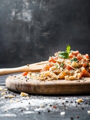 Poster - A vibrant pasta salad with tomatoes, basil, and parmesan cheese is artfully presented on a rustic wooden board, with a sprinkle of pepper and flour adding a touch of culinary drama. : Generative AI