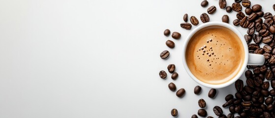 Aufkleber - Aromatic espresso in a white cup, surrounded by roasted coffee beans on a bright white surface.  Perfect for coffee shop menus or beverage advertising. : Generative AI
