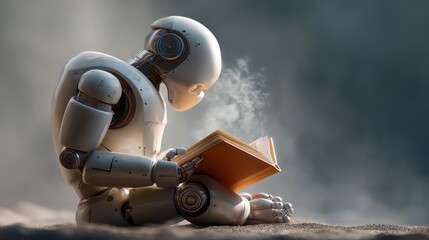 Aufkleber - In a tranquil environment, a robot sits engrossed in reading a book, reflecting on knowledge and the importance of learning. The soft light enhances its thoughtful demeanor