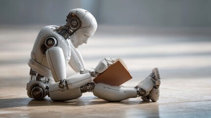 Aufkleber - A humanoid robot is sitting on the floor, deeply focused on reading a book