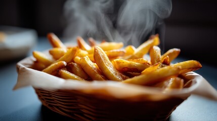 Poster - A wicker basket overflowing with golden-brown, freshly fried french fries, emitting steam; a delicious, savory snack. : Generative AI
