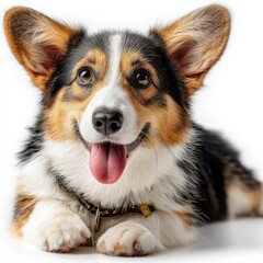 Poster - Happy Pembroke Welsh Corgi puppy lying down, tongue out, showing playful expression and adorable paws. Studio shot on white background. : Generative AI