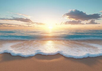 Leinwandbilder - Serene sunset over a tranquil ocean beach, gentle waves lapping the golden sand, creating a peaceful and idyllic coastal scene. : Generative AI