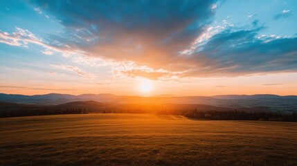 Poster - Golden sunset over a vast field, silhouetted mountains in the distance, and a vibrant, colorful sky.  The sun dips below the horizon, casting a warm glow across the landscape. : Generative AI