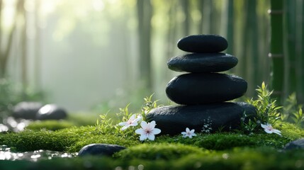Poster - Serene zen garden scene: four black stones stacked on moss, delicate white flowers, and a bamboo forest backdrop bathed in soft sunlight. : Generative AI