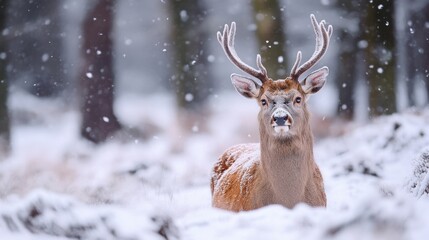 Poster - Majestic red deer stag stands in snowy winter forest, antlers covered in frost, gazing directly at the camera. : Generative AI
