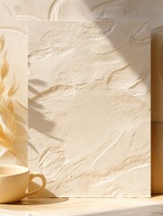 Fototapete - Creamy textured background with pale yellow mug and dried flowers, ideal for minimalist branding or product display. Soft sunlight casts shadows, creating a serene and calming aestheti : Generative AI