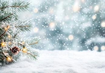 Fototapete - Snow-covered pine branch with warm lights rests on a snowy surface, bokeh background suggesting a winter wonderland scene. : Generative AI