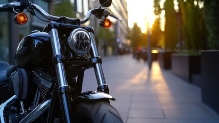 Aufkleber - Closeup of a black Harley-Davidson motorcycle parked on a city street at sunset, showcasing its chrome details and powerful engine. : Generative AI
