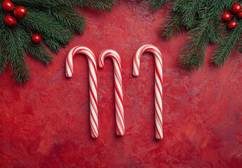 Poster - Three peppermint candy canes on a red textured background, adorned with festive fir branches and red berries. : Generative AI