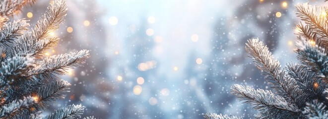 Aufkleber - Snow-covered pine branches with warm bokeh lights create a magical winter wonderland scene, perfect for festive holiday designs. : Generative AI