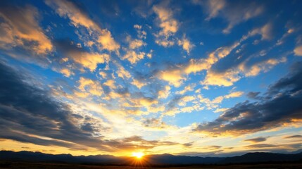 Poster - Majestic sunset over a mountain range, showcasing a vibrant sky filled with golden and blue clouds, creating a breathtaking natural landscape. : Generative AI