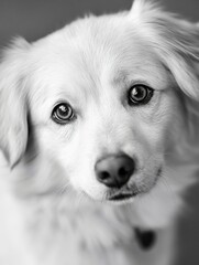 Poster - A heartwarming black and white close-up portrait of a fluffy white dog, its expressive eyes gazing directly at the camera, conveying a sense of gentle affection and innocent curiosity. : Generative AI