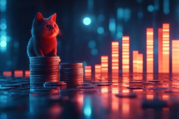 Poster - Cute kitten sitting atop a stack of coins, illuminated by vibrant neon lights, against a backdrop of rising bar graph, suggesting financial growth or wealth. : Generative AI