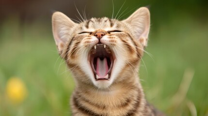 Aufkleber - Adorable tabby kitten with wide open mouth, yawning in a lush green outdoor setting.  The soft sunlight illuminates its fur, creating a heartwarming and playful image. : Generative AI