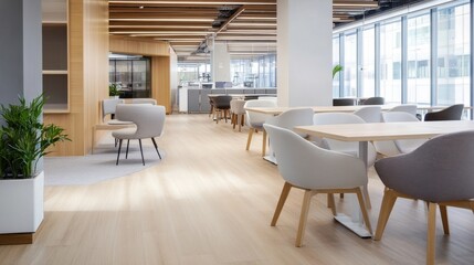 Poster - Modern office break room with light wood flooring, comfortable grey and white chairs, and wooden tables, creating a bright and airy workspace. : Generative AI