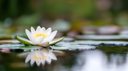 Poster - A single white water lily floats serenely on a calm pond, its reflection mirrored perfectly in the still water, surrounded by lush green lily pads. : Generative AI
