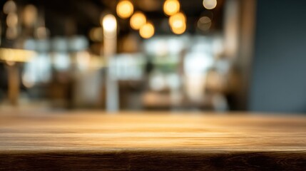 Aufkleber - Warm-lit wooden table top with blurred cafe background, ideal for product placement or food photography showcasing a cozy atmosphere. : Generative AI