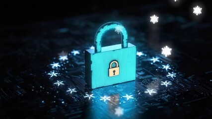 Poster - Digital lock symbolizing cybersecurity protection on a dark digital background with glowing technology elements 4k video footage