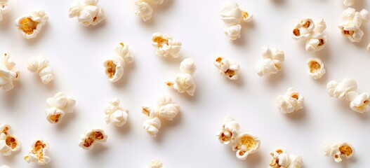 Poster - A delightful scattering of fluffy popcorn kernels on a pristine white surface, creating a visually appealing and appetizing pattern. : Generative AI