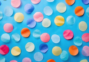 Poster - A vibrant collection of colorful confetti circles scattered on a bright blue background, perfect for festive celebrations and cheerful designs. : Generative AI