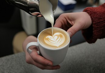 Poster - Barista pouring milk into a cup of latte art, creating a heart-shaped design in the foam. Close-up view of the process and the final result. : Generative AI