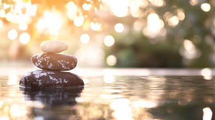 Poster - Serene stacked stones resting on calm water, bathed in warm sunset light, with a blurred nature background. : Generative AI