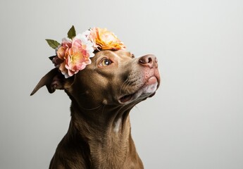 Poster - Adorable brown pit bull terrier puppy wearing a delicate flower crown, looking up thoughtfully against a soft gray backdrop. : Generative AI