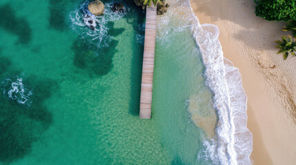 Poster - Aerial view of a wooden pier extending from a pristine beach into turquoise ocean water, waves gently lapping the shore. : Generative AI