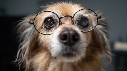 Poster - A cute, elderly, light brown dog wearing round eyeglasses stares intently at the camera, its fur soft and slightly unkempt, creating a heartwarming and slightly humorous image. : Generative AI