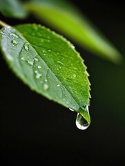 Poster - A single, glistening water droplet hangs precariously from the edge of a vibrant green leaf, reflecting light against a dark, blurred background. : Generative AI