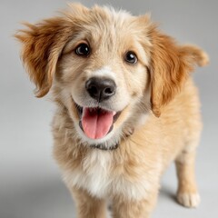 Poster - Adorable golden retriever puppy with fluffy fur, big brown eyes, and a happy panting expression, standing on a neutral gray background. : Generative AI