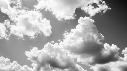 Aufkleber - Dramatic black and white image of fluffy cumulus clouds against a gray sky, showcasing varying light and shadow, ideal for atmospheric backgrounds or weather-related designs. : Generative AI