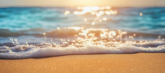 Fototapete - Golden sunlight glistens on ocean wave foam as it gently laps onto a sandy beach at sunset, creating a tranquil summer scene. : Generative AI