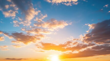 Aufkleber - Golden hour sunset sky with fluffy clouds, vibrant orange and blue hues painting the heavens, creating a breathtaking natural scene. : Generative AI