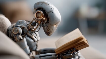 Aufkleber - A humanoid robot sits in a comfortable setting, intently reading a book. The serene atmosphere suggests a moment of quiet reflection and curiosity about the written word