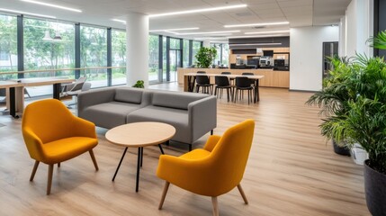 Leinwandbilder - Modern office lounge area with gray sofa and mustard yellow armchairs, wooden floor, and large windows overlooking green trees. : Generative AI