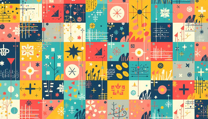 Wall Mural - A vibrant and dynamic abstract pattern comprised of repeating geometric and colorful elements.