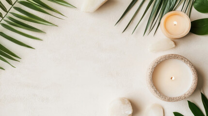 Leinwandbilder - Serene spa setting with lit candles, palm leaves, and smooth stones on a beige textured background, ideal for wellness or relaxation themes. : Generative AI